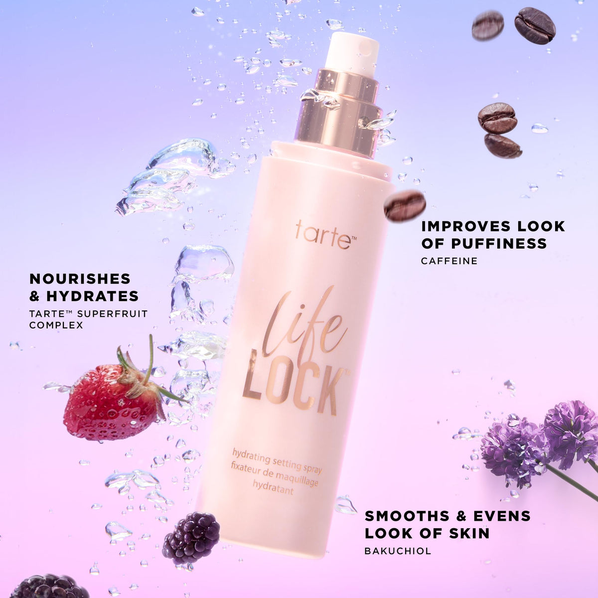 tarte Life Lock mist sprayed over foundation to show long-lasting, transfer-resistant finish