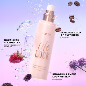 tarte Life Lock mist sprayed over foundation to show long-lasting, transfer-resistant finish