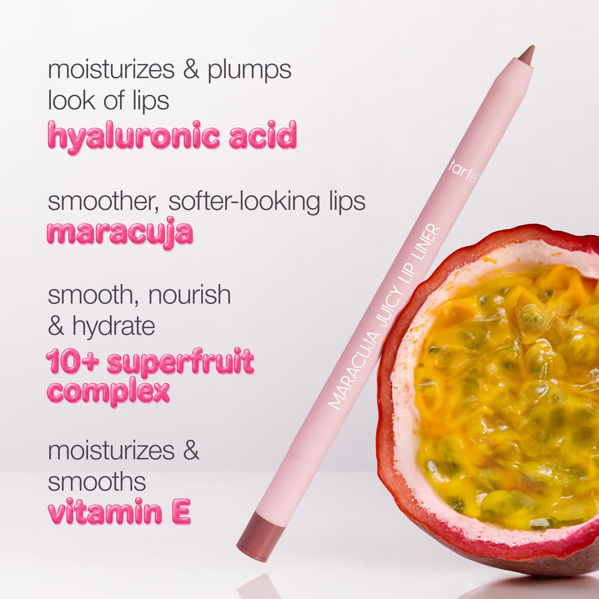 tarte lip liner label close-up listing superfruit and hyaluronic ingredient benefits