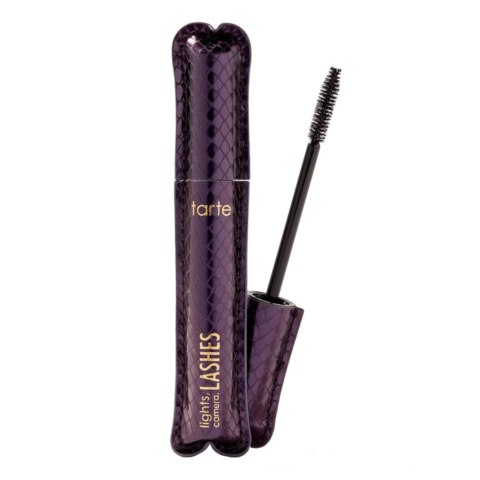 tarte lights, camera, lashes front packaging showing full-size tube and logo for immediate recognition and shelf appeal