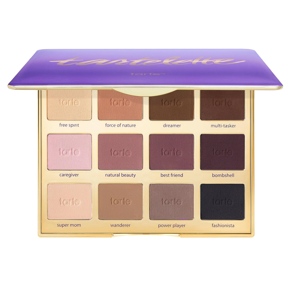 tarte palette front open showing 12 cool-toned matte shades and easy selection