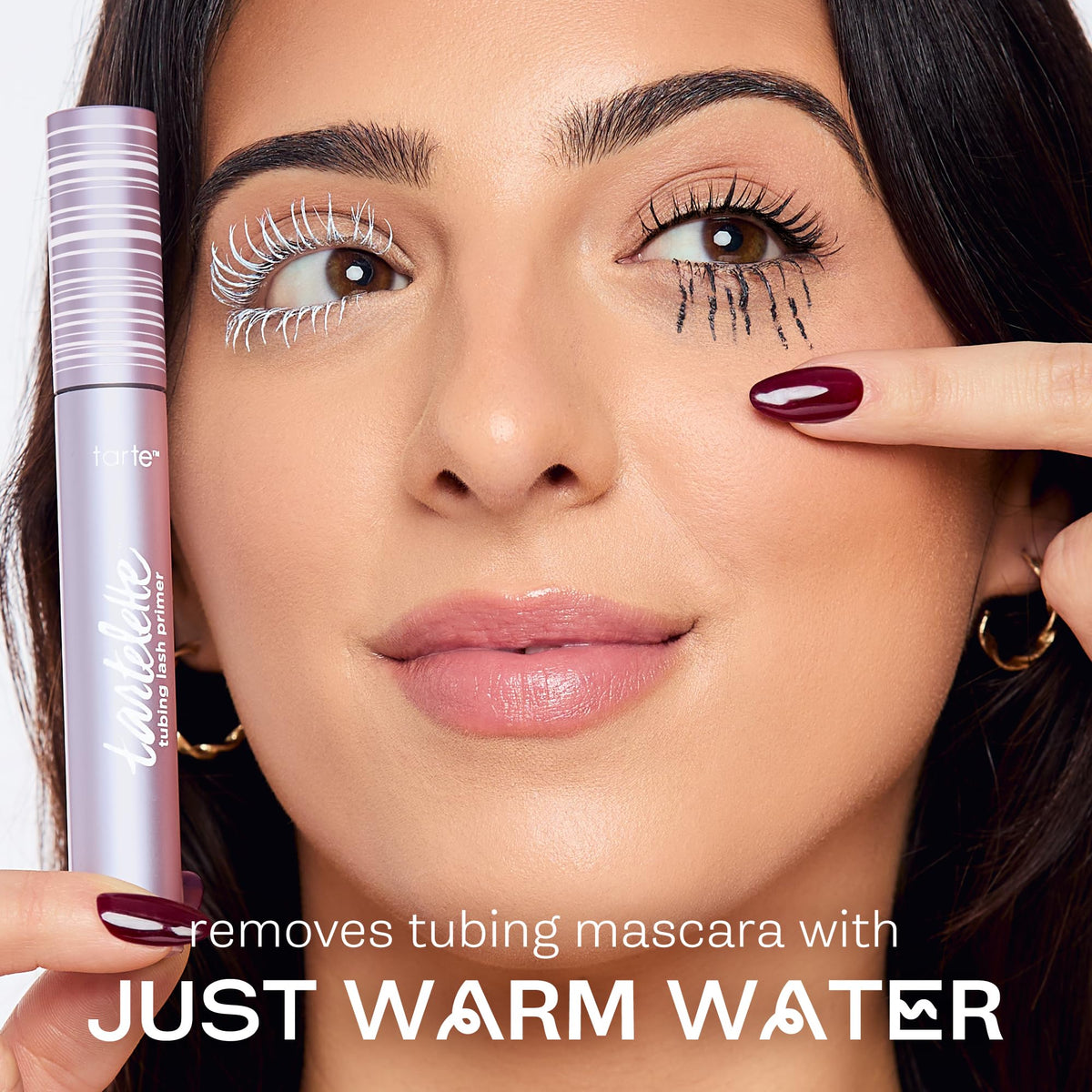 tarte before and after lashes showing lifted, fuller lashes for visible performance