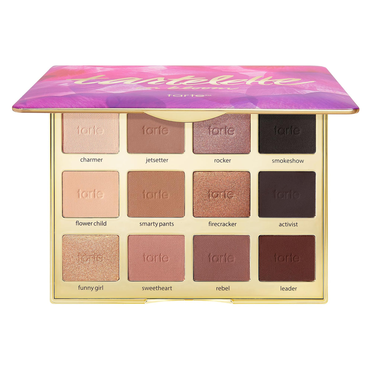 tarte tartelette palette front open showing all twelve shades and easy layout