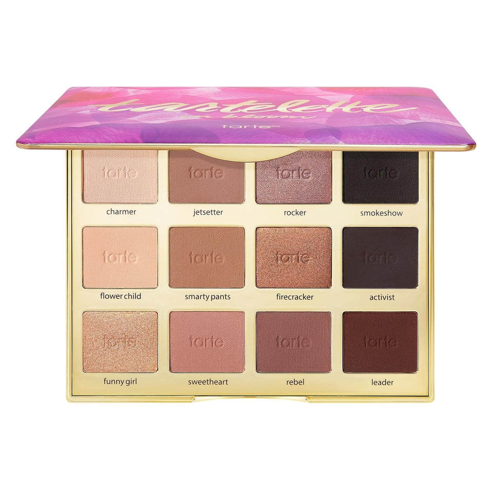 tarte tartelette palette front open showing all twelve shades and easy layout