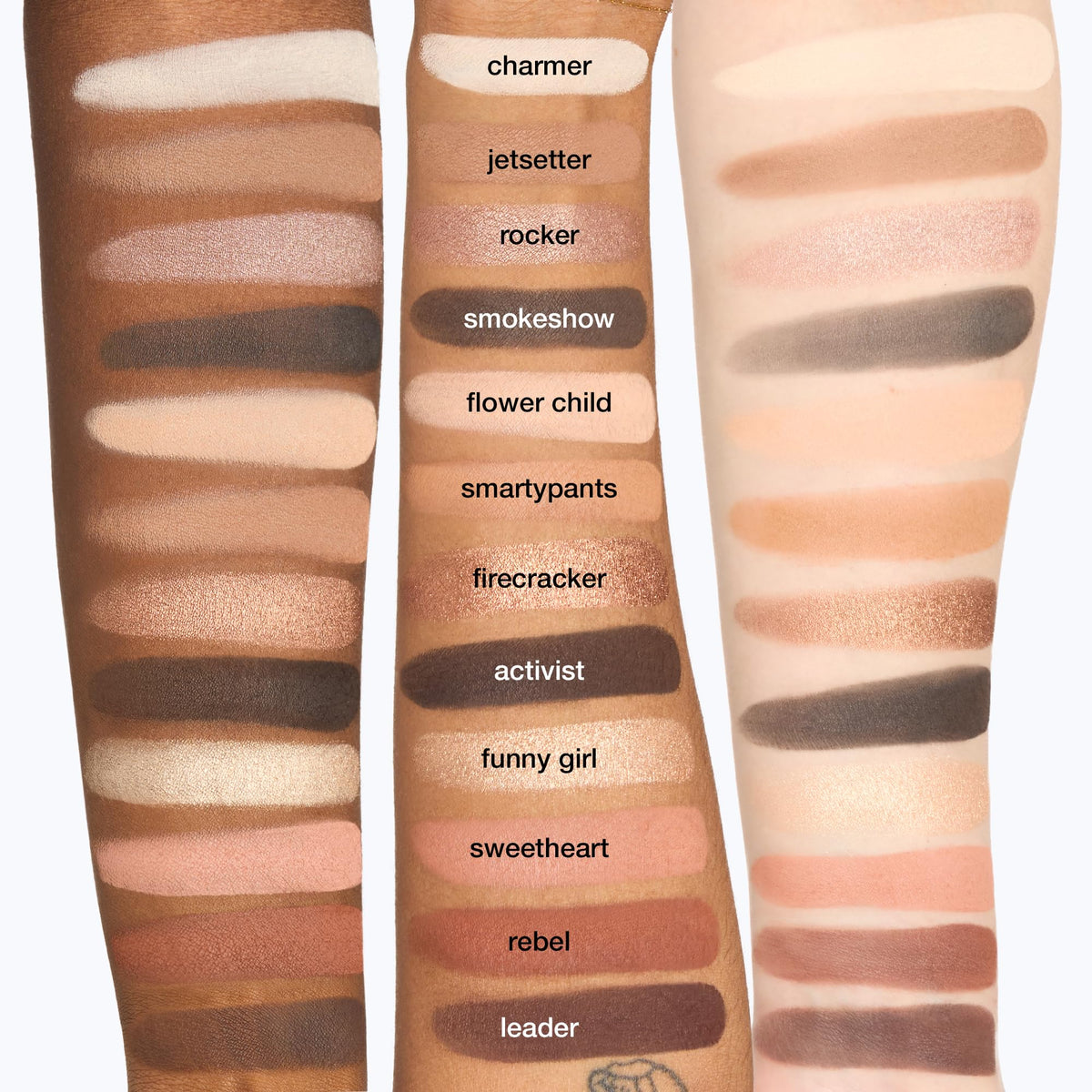tarte arm swatches demonstrating payoff and buildable neutral colors