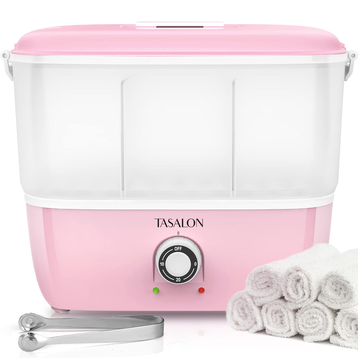 TASALON front view pink towel warmer showing compact design and fast heat