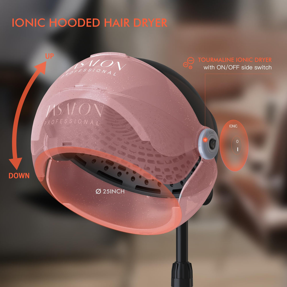 TASALON pink glitter hood close-up highlighting transparent finish and salon flair