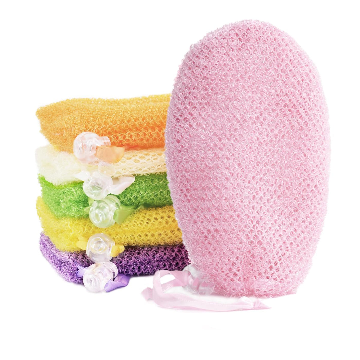 TaShow front view of six colorful mesh soap bags, organized and ready