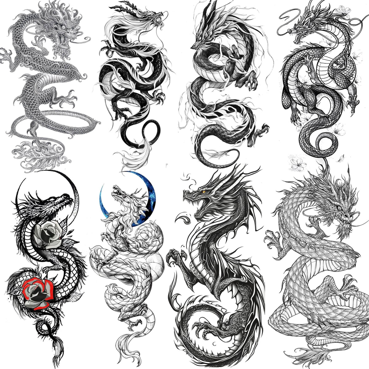 TASROI front packaging showing eight dragon tattoo sheets and benefits