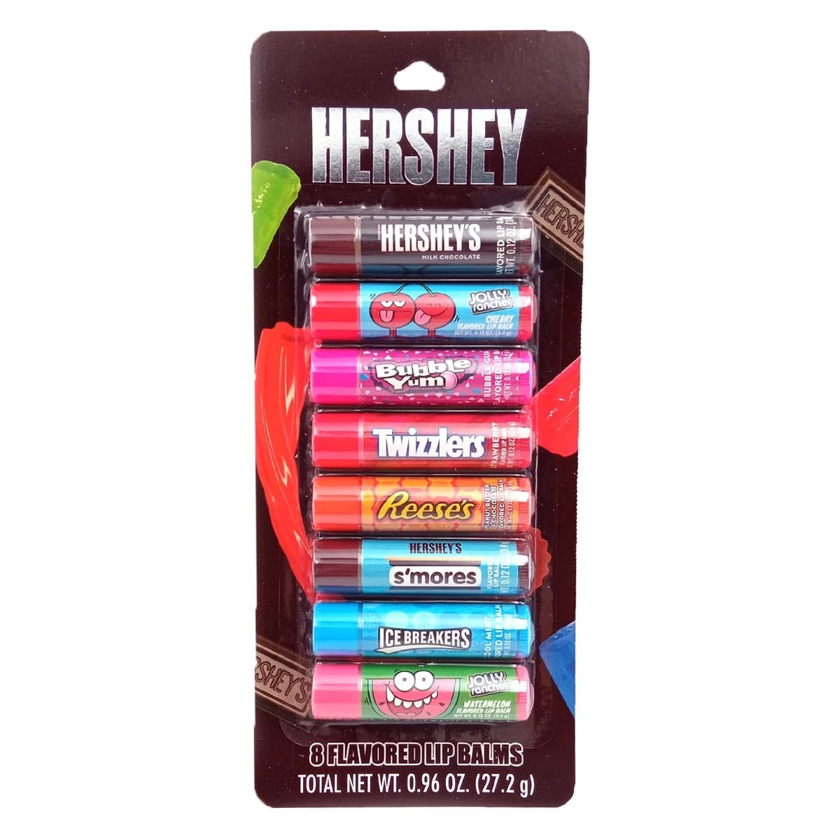 Taste Beauty Hershey front packaging showing all eight colorful tubes and flavors
