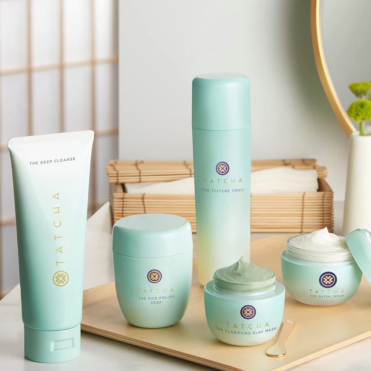 TATCHA cleanser on bathroom counter in routine setting conveying ritual use and balanced skin benefit