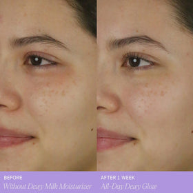 TATCHA dewy milk on bathroom shelf in lifestyle scene suggesting daily routine benefit