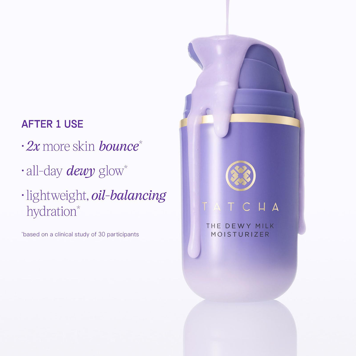 TATCHA dewy milk ingredient bottle highlighting gentle, balancing actives