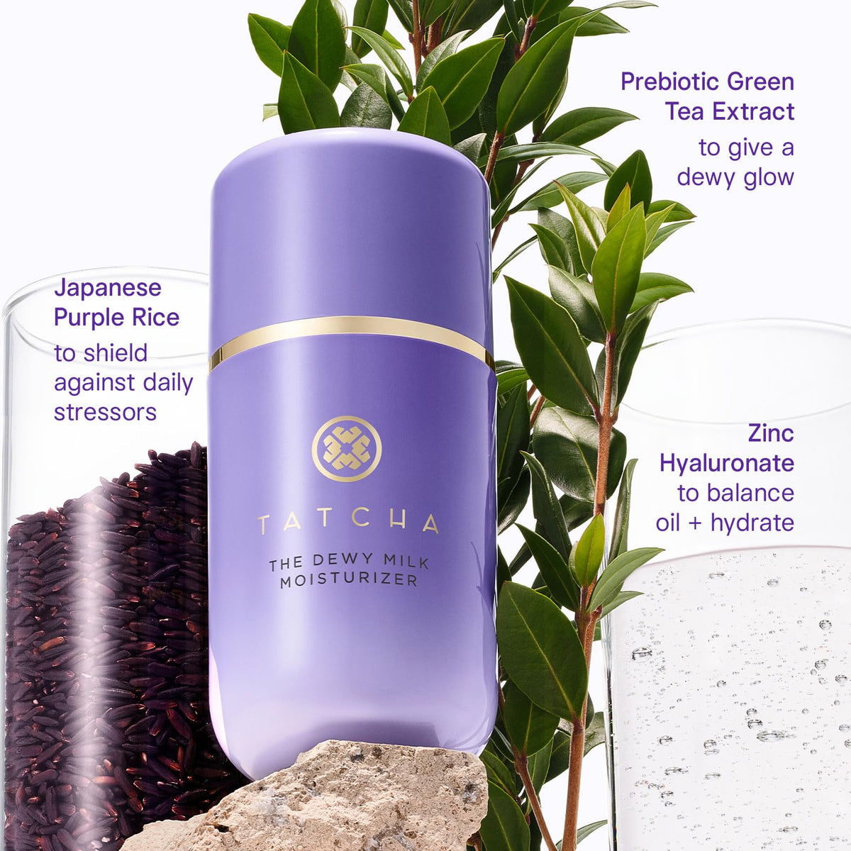 TATCHA dewy milk next to common items for size and travel-friendly benefit