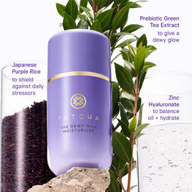 TATCHA dewy milk next to common items for size and travel-friendly benefit