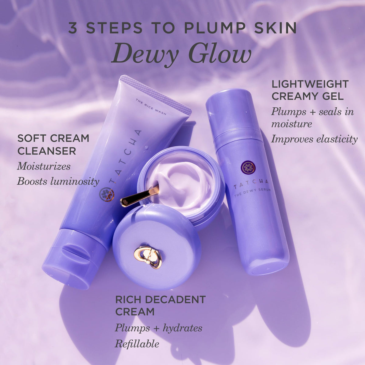 TATCHA serum staged on bathroom vanity with skincare, conveys everyday routine booster