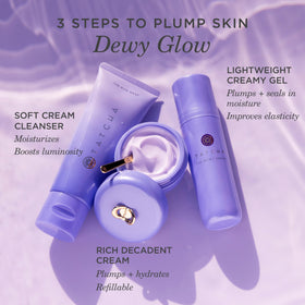 TATCHA serum staged on bathroom vanity with skincare, conveys everyday routine booster
