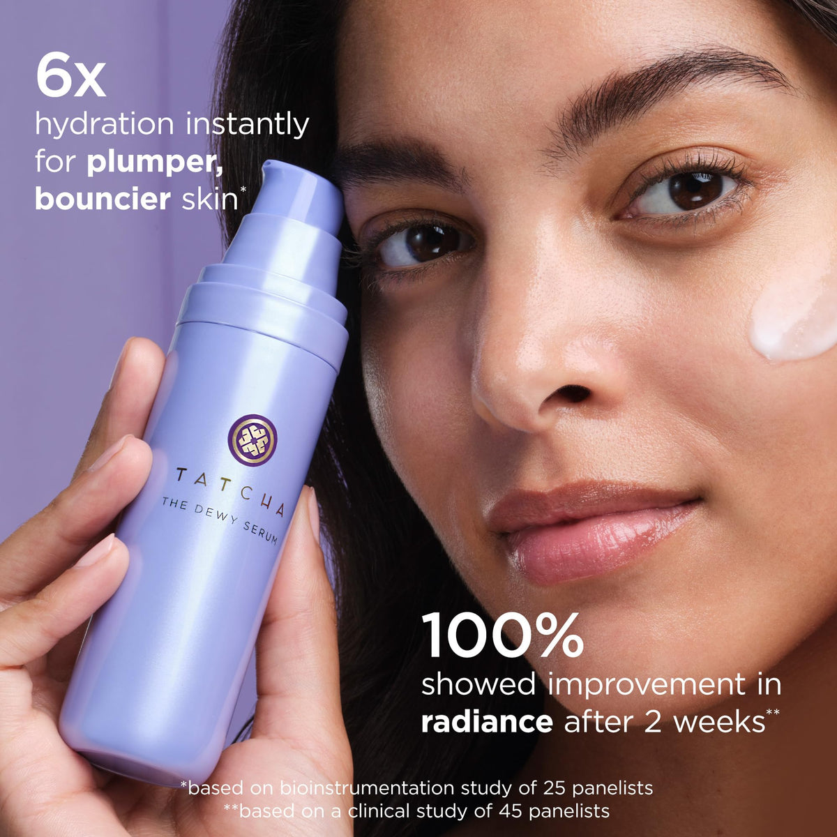 TATCHA dewy serum texture on fingertip, shows lightweight hydration and smooth finish