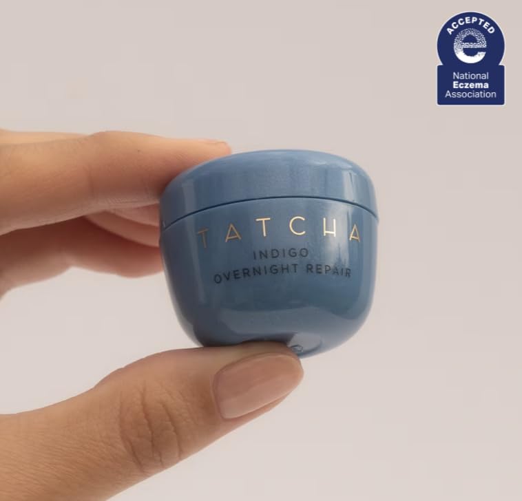 TATCHA indigo cream texture closeup highlighting cushiony, hydrating consistency for sensitive skin