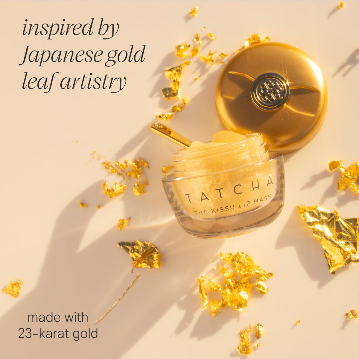 TATCHA The Kissu Gold Leaf ingredients display with squalane and peach conveying hydration