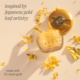 TATCHA The Kissu Gold Leaf ingredients display with squalane and peach conveying hydration