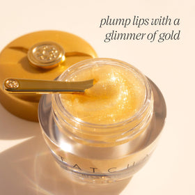 TATCHA The Kissu Gold Leaf open jar close-up showing jelly texture and shimmer benefit
