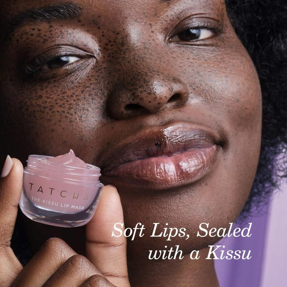 TATCHA Kissu lip mask open jar top view revealing glossy jelly for overnight treatment