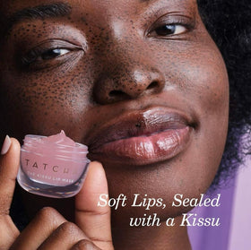 TATCHA Kissu lip mask open jar top view revealing glossy jelly for overnight treatment