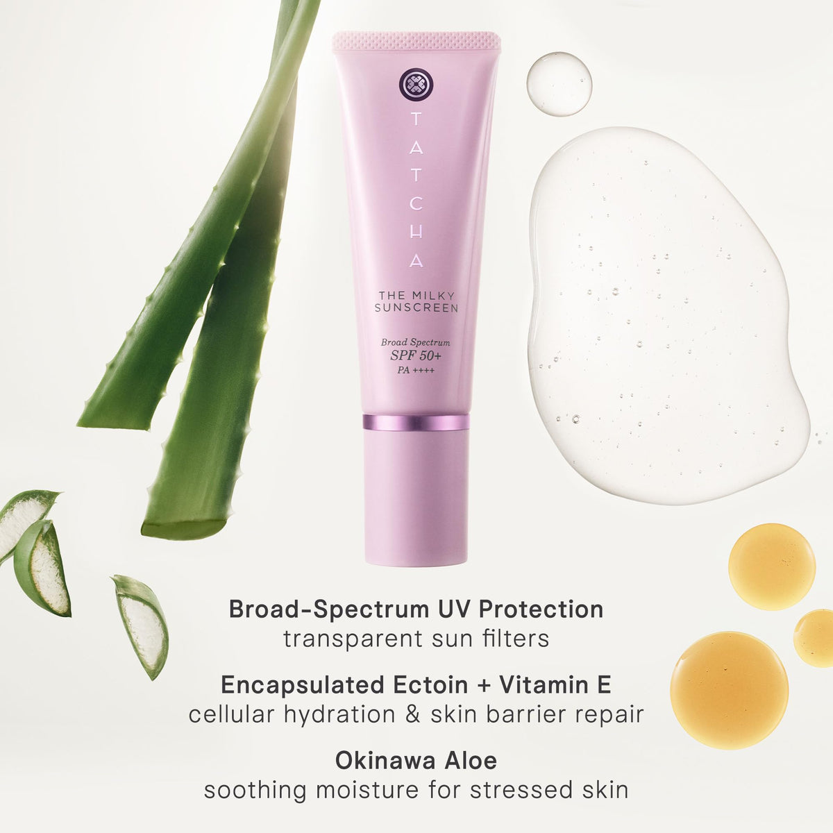 TATCHA ingredient display highlighting ectoin vitamin E and aloe soothing benefits