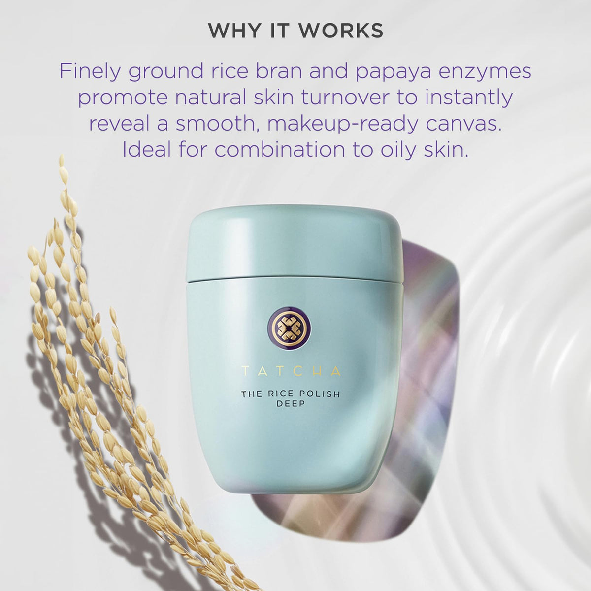 TATCHA close-up of finely ground rice bran granules for non-abrasive exfoliation