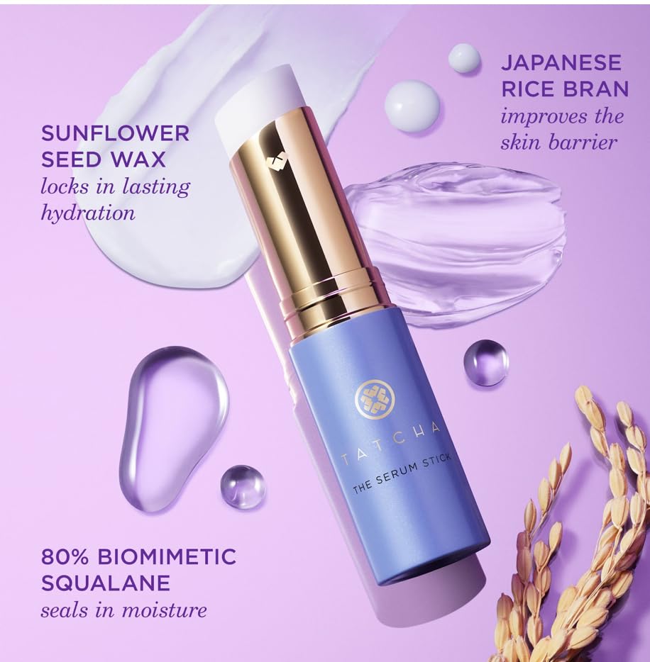 TATCHA serum stick size comparison next to coin showing travel-ready convenience benefit