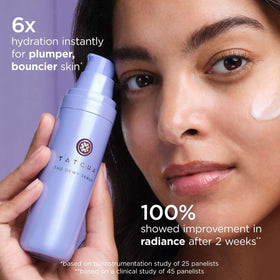 TATCHA size comparison next to card shows travel-friendly, portable benefit