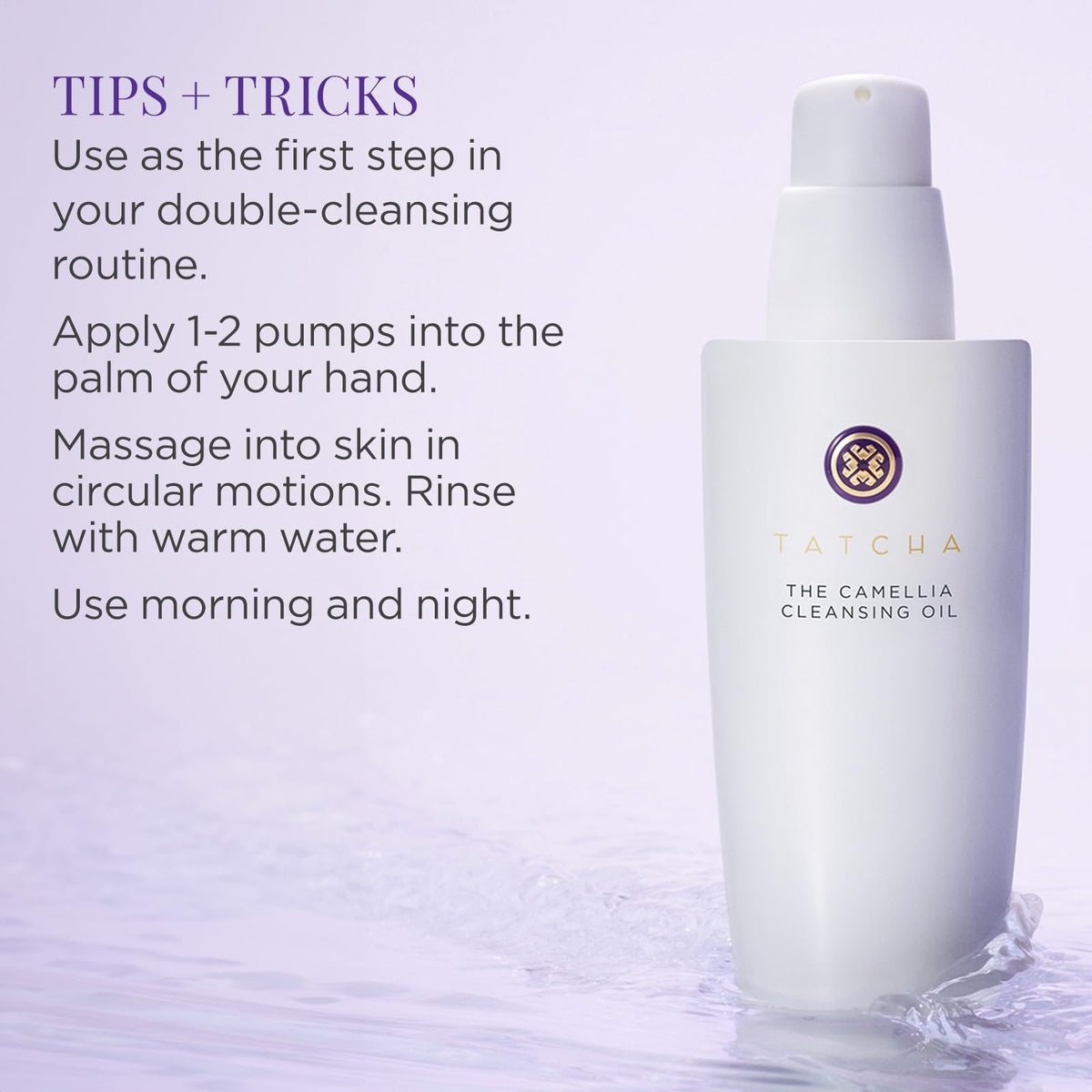 TATCHA bottle next to hand for scale, communicates travel size convenience