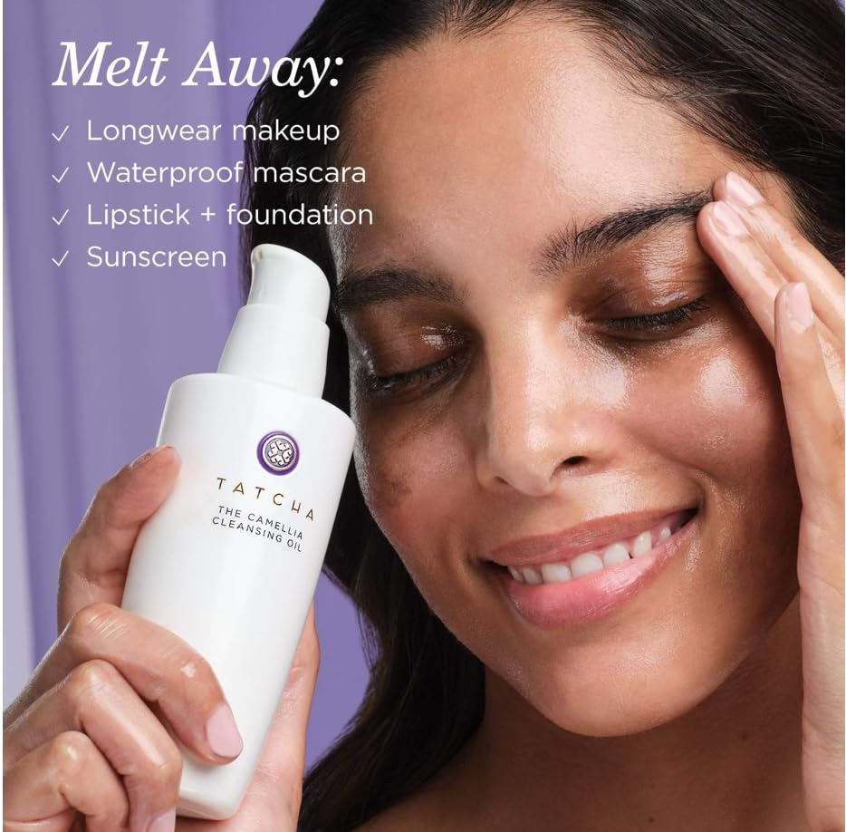 TATCHA cleansing oil texture close up, shows lightweight silky spread