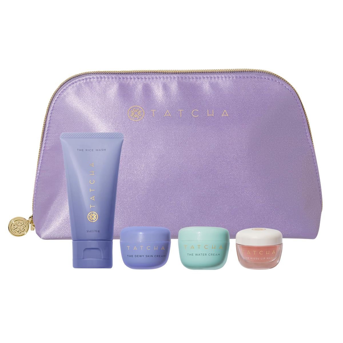 TATCHA travel pouch front view showing compact kit and organized storage benefit