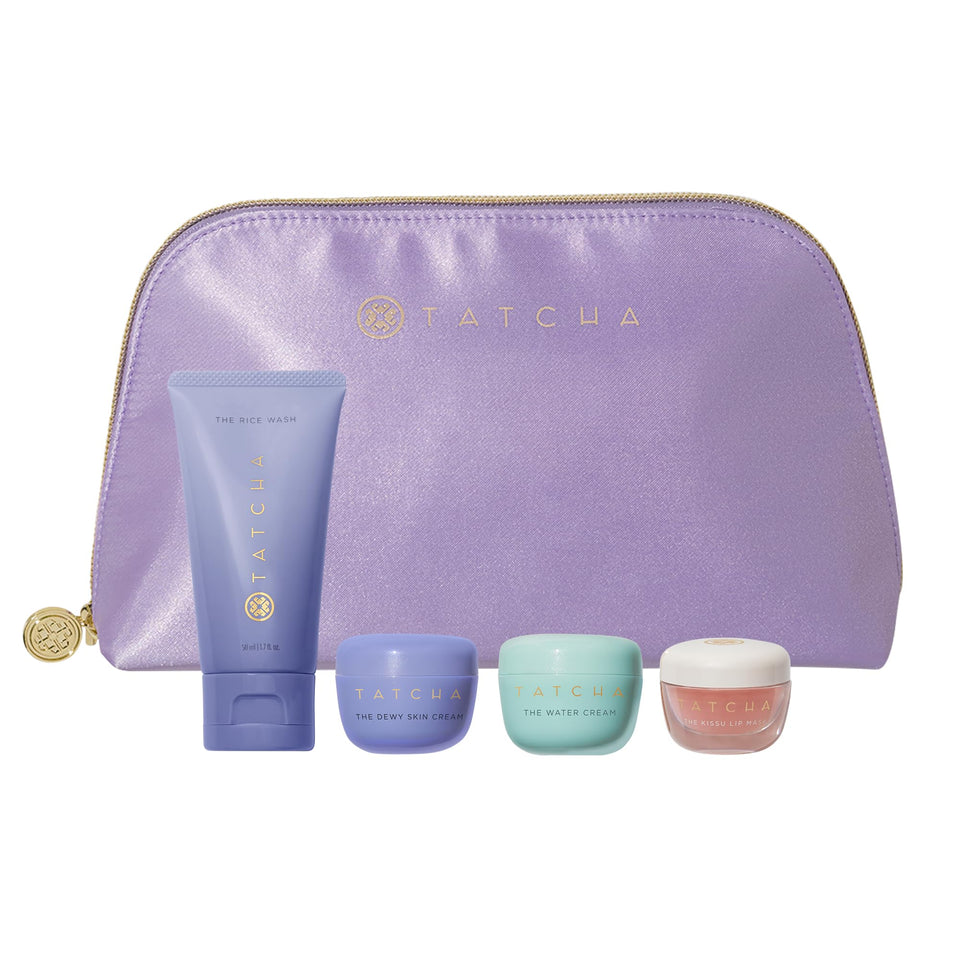 TATCHA travel pouch front view showing compact kit and organized storage benefit