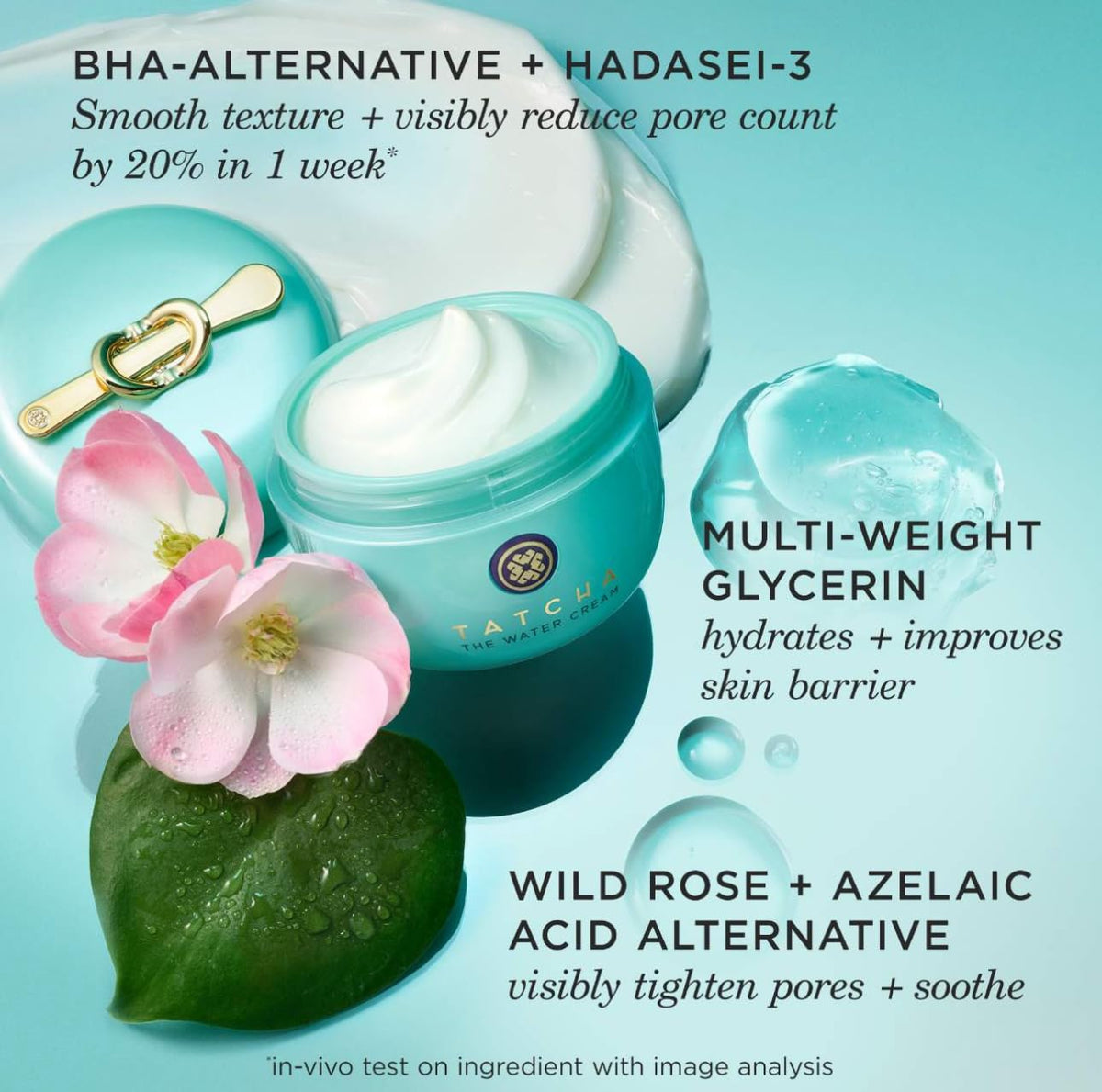 TATCHA ingredients label highlighting Hadasei-3 botanicals and pore-refining benefit