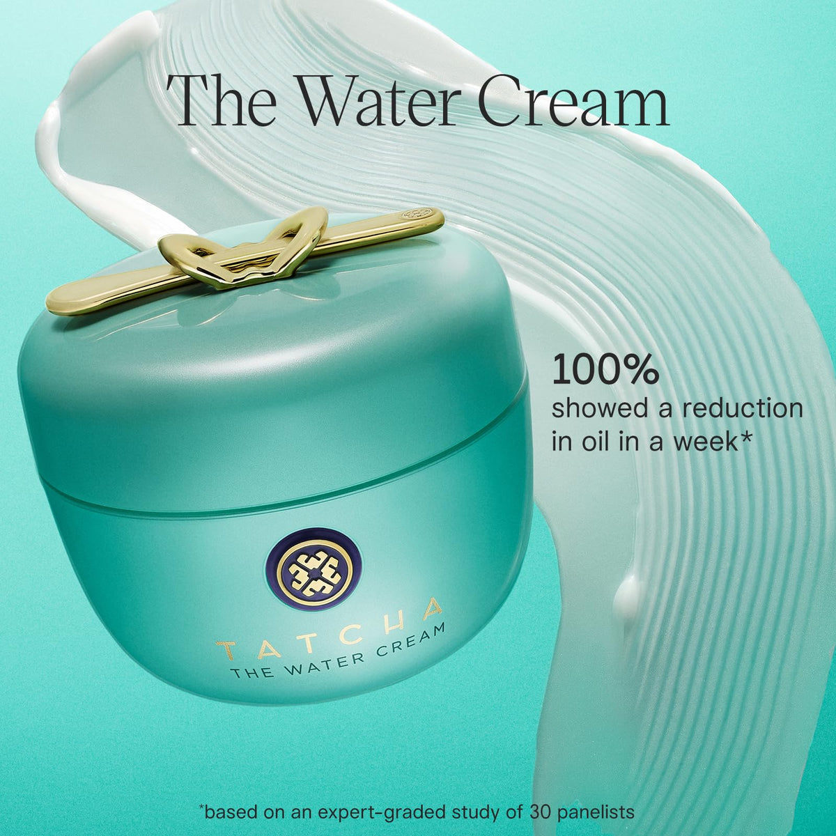 TATCHA jar open with cream visible to show oil-free formula and smooth finish