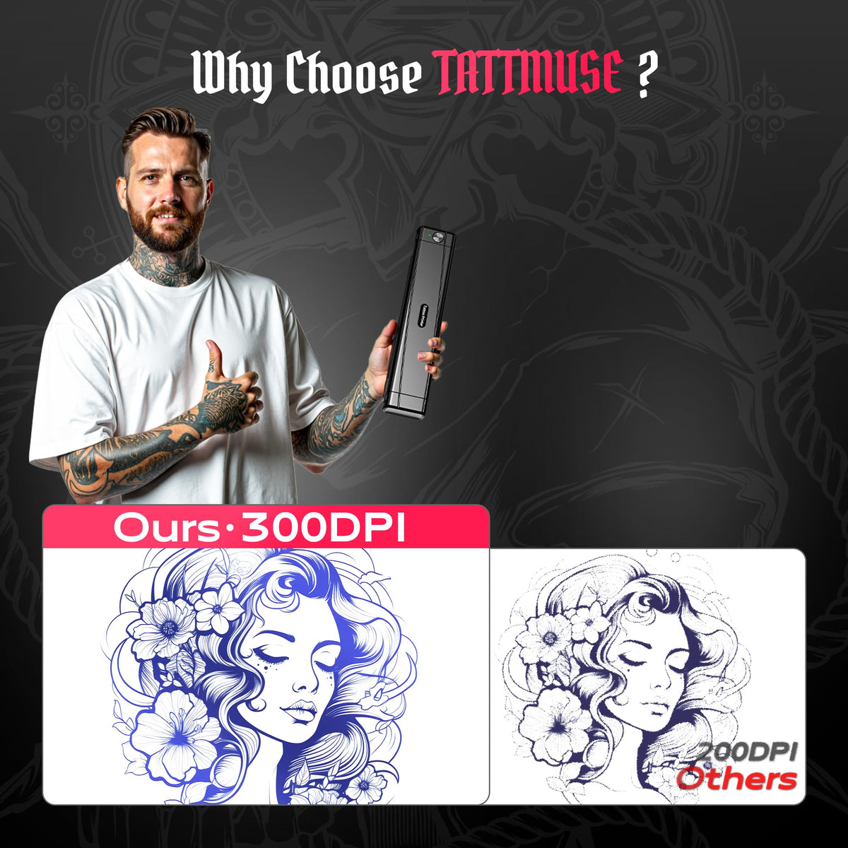 TATTMUSE app on phone showing design preview and AI line-art tools for faster setup