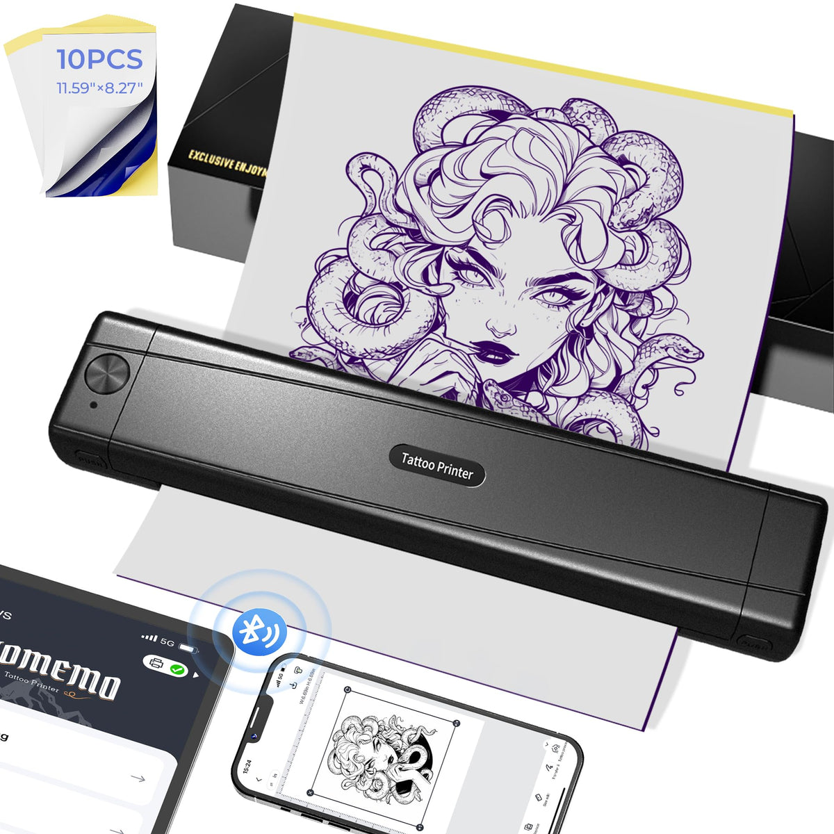 TATTMUSE front view of compact stencil printer showing controls and slot, quick stencil creation