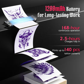 TATTMUSE 10-pack transfer paper beside printer, ready-to-use and wrinkle-resistant