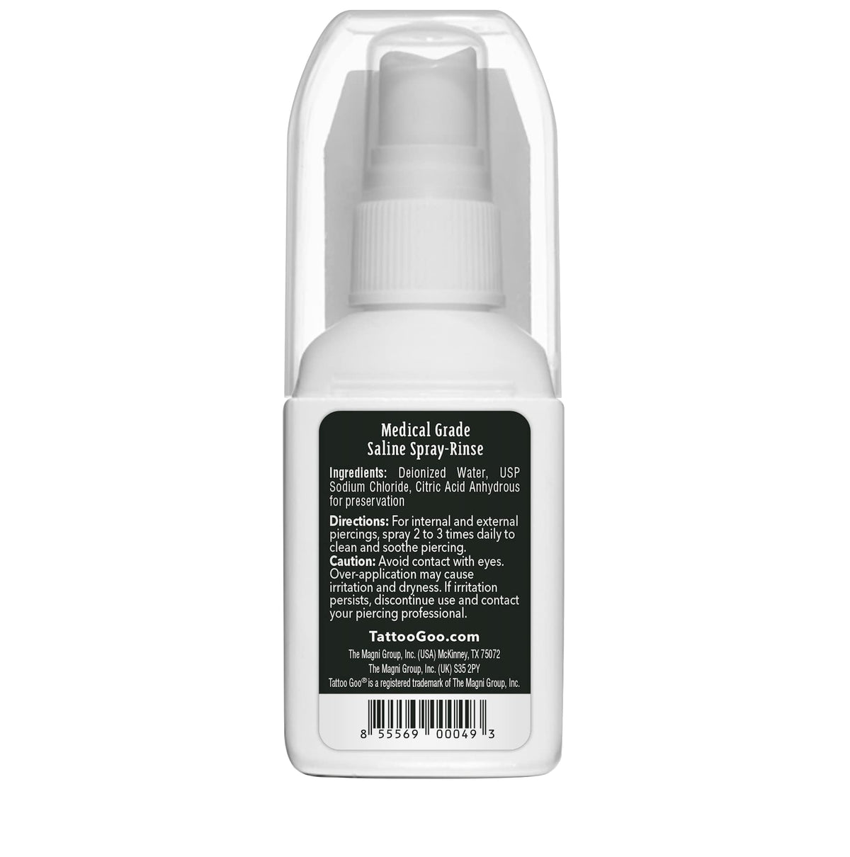 Tattoo Goo bottle in hand showing 2 oz scale for travel-friendly piercing aftercare