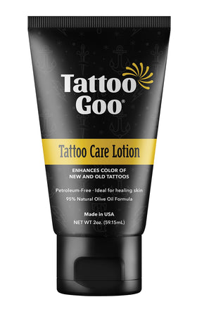 Tattoo Goo front packaging 2 oz showing label and small bottle, clear care benefit