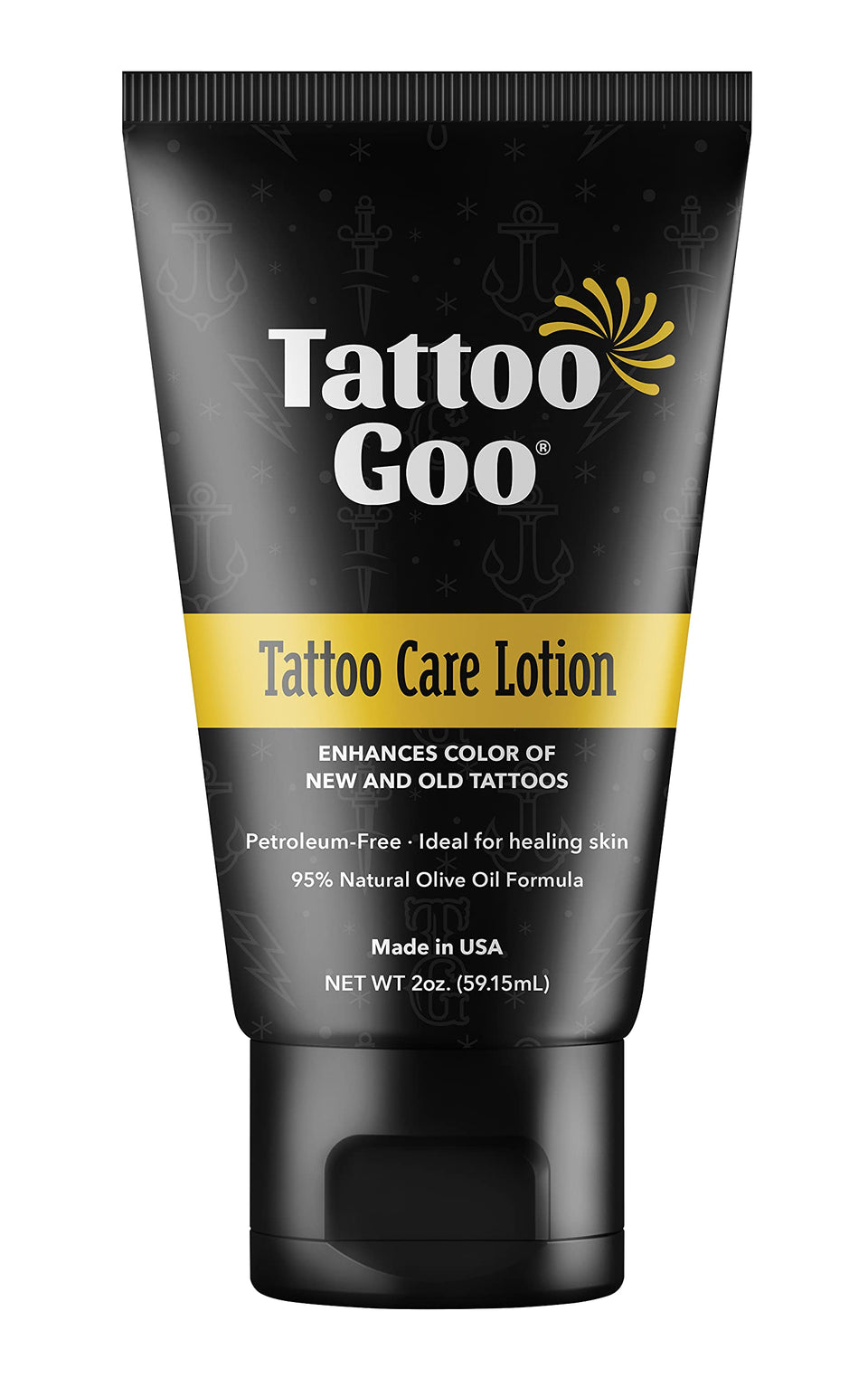 Tattoo Goo front packaging 2 oz showing label and small bottle, clear care benefit