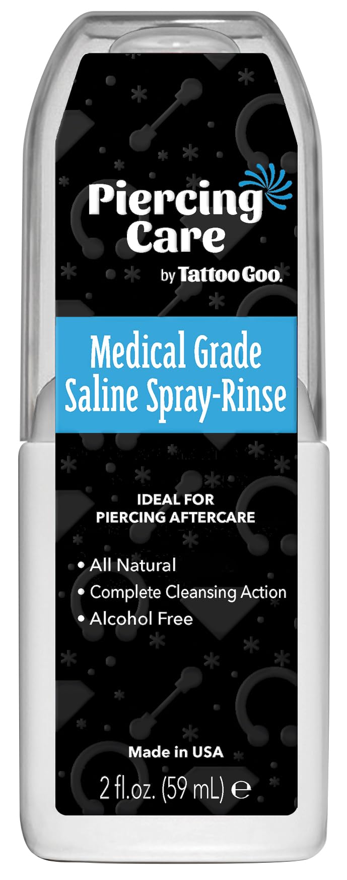 Tattoo Goo front packaging showing 2 oz spray and clear saline solution benefit: easy cleansing