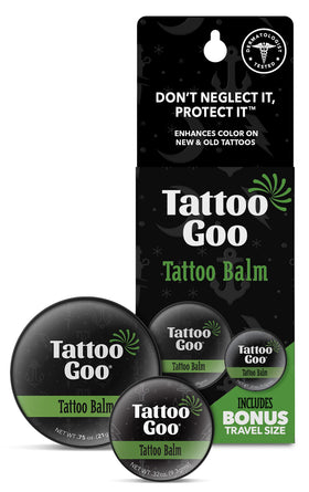 Tattoo Goo front packaging travel duo showing both tin sizes and benefits
