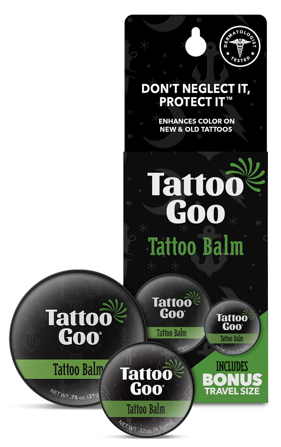 Tattoo Goo front packaging travel duo showing both tin sizes and benefits