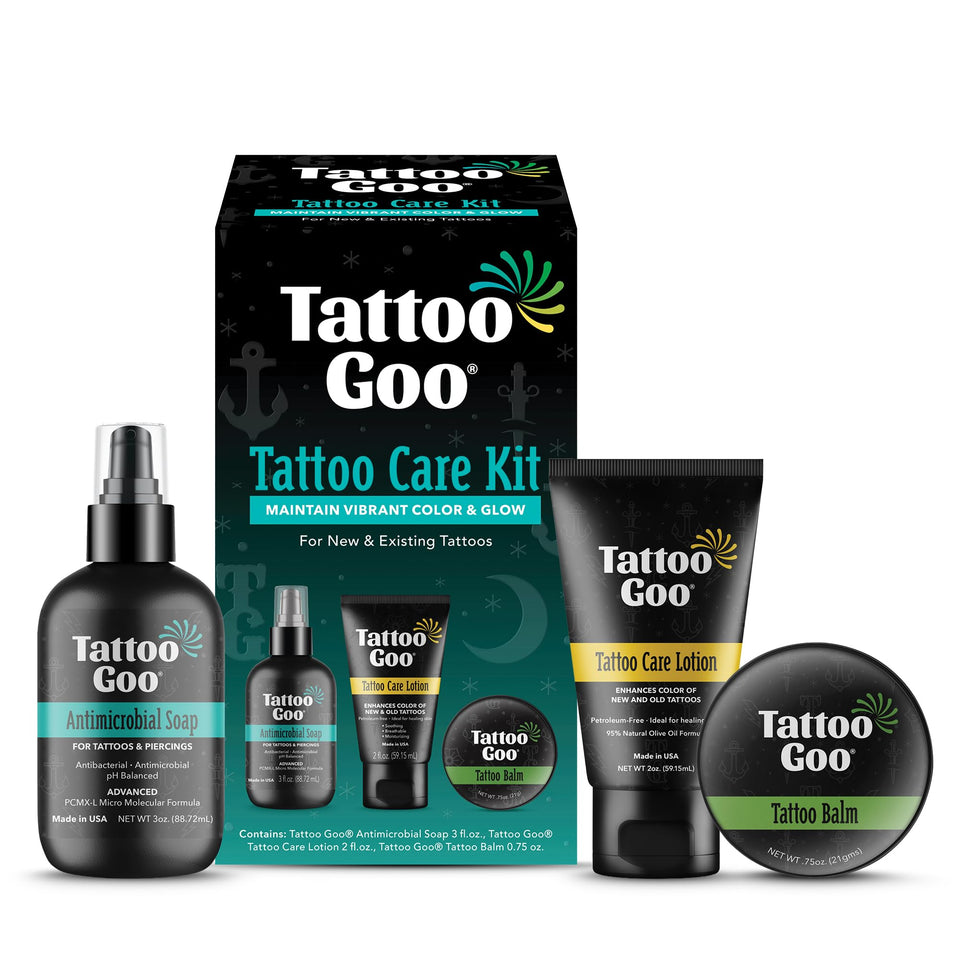 Tattoo Goo front packaging showing the full three-piece kit for reliable aftercare