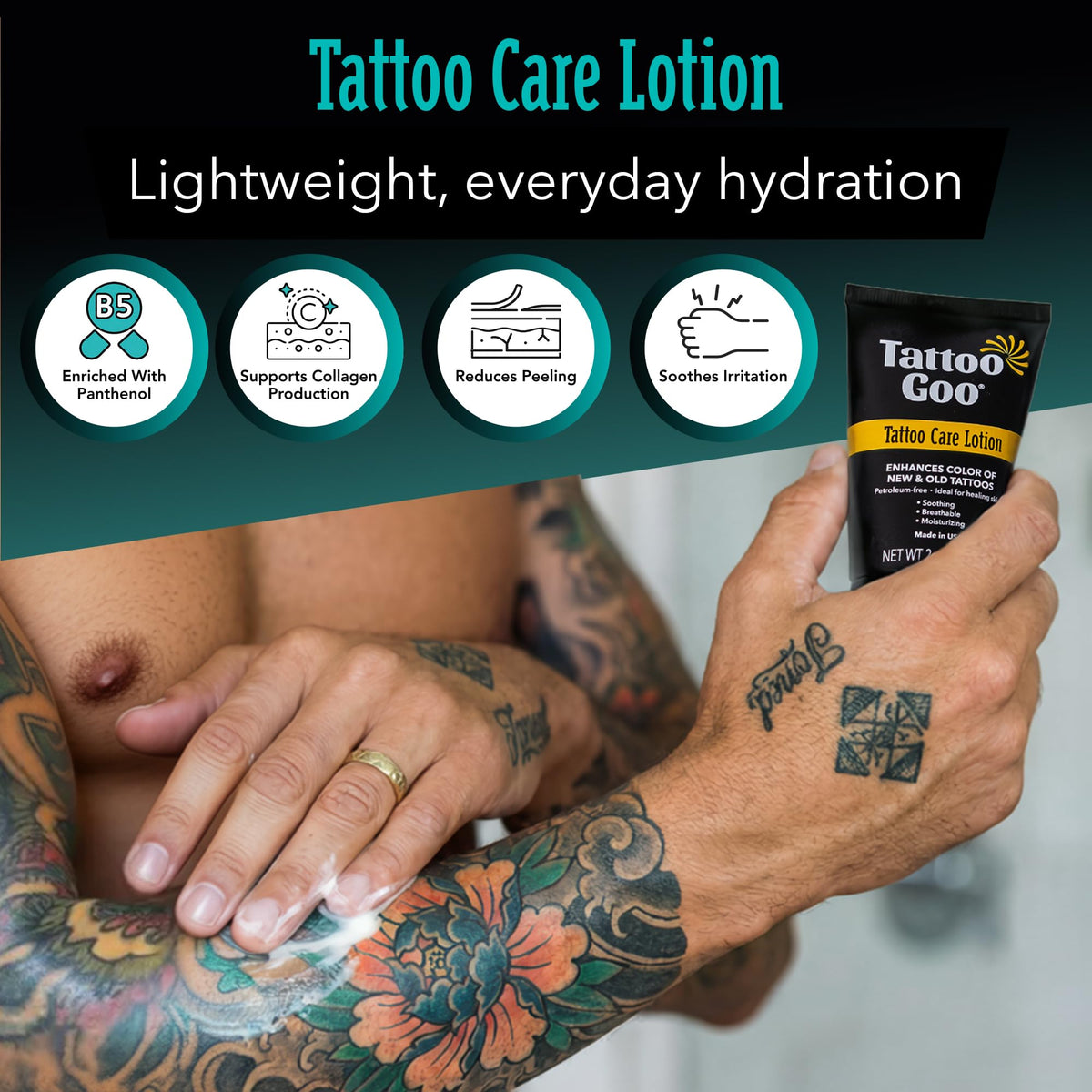 Tattoo Goo kit in use cleaning a fresh tattoo for hygienic healing