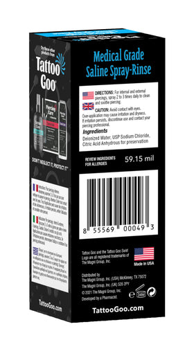 Tattoo Goo label detail listing sodium chloride 99.9% and sterile medical-grade benefit